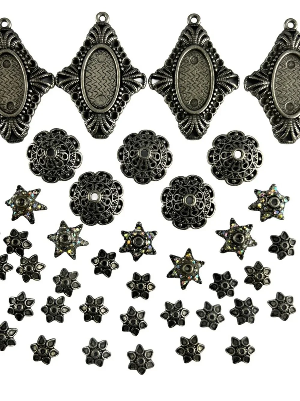 Jewelry Findings Variety Lot Vintage Antique Silver Tone - Bezels & Bead Caps